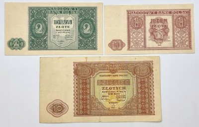 Banknoty 1 złoty + 2 złote + 10 złotych 1946