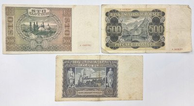 Banknoty 20,100 + 500 złotych 1940-1941 – 3 sztuki