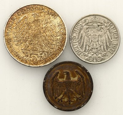 Niemcy. 20 fenigów 1911, marka 1924, 5 marek 1977