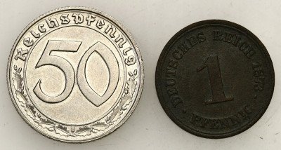 Niemcy. Fenig 1873 A, 50 fenigów 1839 B, rzadsze