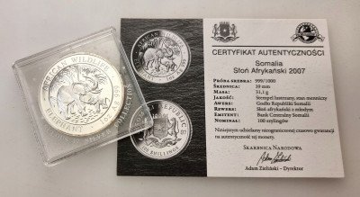 Somalia 100 Shillings 2007 słoń (SREBRO uncja)