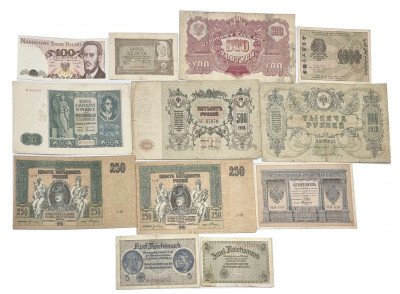 Polska, Rosja, Niemcy. Banknoty, zestaw 12 sztuk