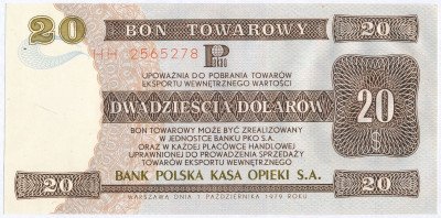 Banknot/bon 20 dolarów 1979 Pekao st. bankowy