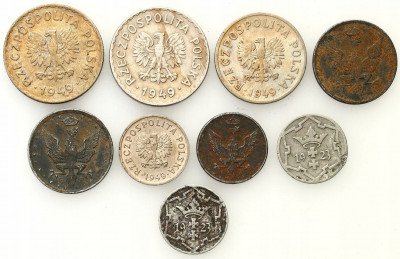 Polska monety CuNi+Fe 1917-49 zestaw 9 sztuk
