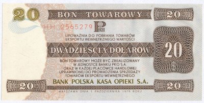 Banknot/bon 20 dolarów 1979 Pekao st. bankowy
