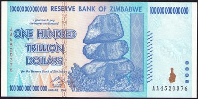 Zimbabwe. 100 trylionów dolarów. Seria AA. 2006
