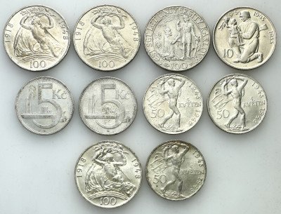 Czechy 5-100 koron zestaw 10 sztuk różne Srebro