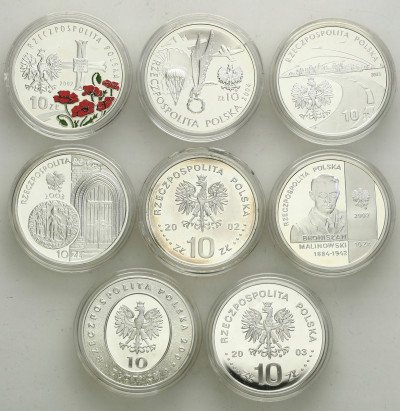 10 złotych 2002 - 2005 zestaw 8 szt. różne SREBRO