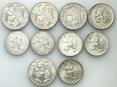 Czechy 5-100 koron zestaw 10 sztuk różne Srebro