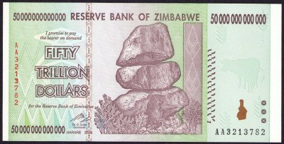 Zimbabwe. 50 trylionów dolarów. Seria AA. 2008