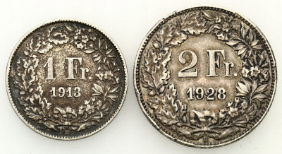 Szwajcaria 1 i 2 franki 1913 i 1928 SREBRO