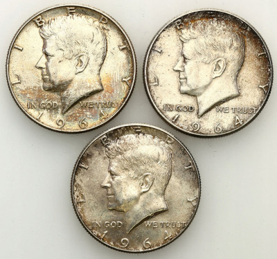 USA 1/2 dolara 1964 Kennedy st. 1-/2+ SREBRO 3 szt