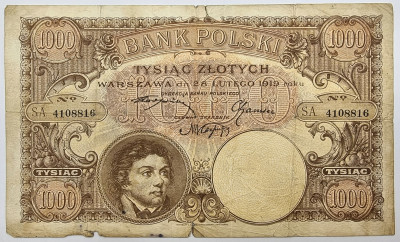 Banknot. 1000 złotych 1919 Kościuszko seria A