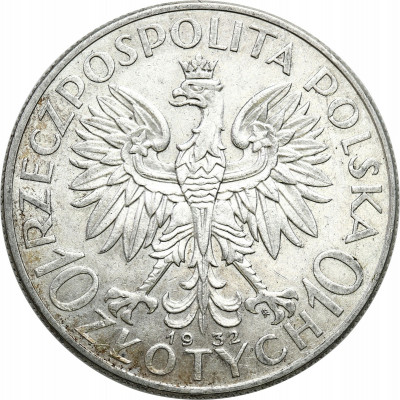 II RP 10 złotych 1932 MW głowa kobiety ze znakiem