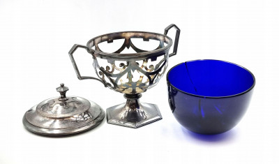 Francja XIX w Puchar czara SREBRO szkło kobaltowe