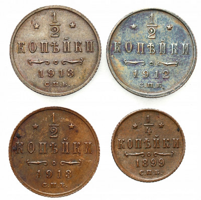 Mikołaj II 1/4 i 1/2 kopiejki 1899-1913 4szt miedź