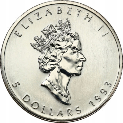 Kanada 5 dolarów 1993 Liść 1 uncja SREBRO