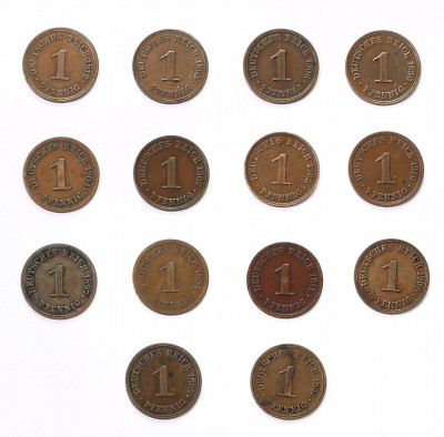 Niemcy 1 fenig 1890-1912 RÓŻNE zestaw 14 sztuk