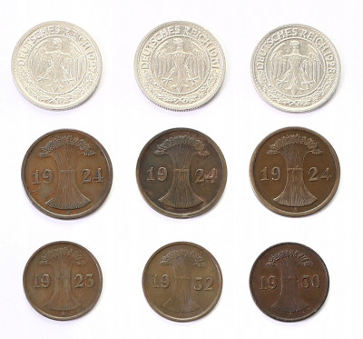 Niemcy 1-50 fenigów 1923-1931 - RÓŻNE 9 sztuk