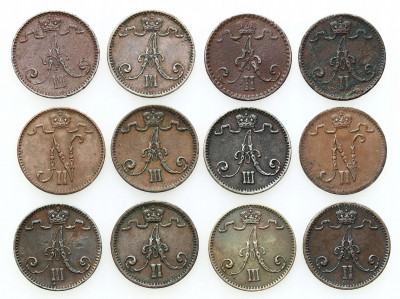 Rosja/Finlandia. 1 Penni 1866 - 1916 zestaw 12 szt