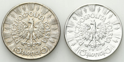 II RP. 5 złotych 1934, 1935 Piłsudski, 2 szt.