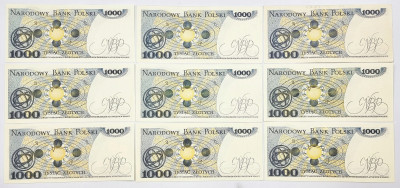 Banknoty 1.000 złotych 1982, zestaw 9 sztuk