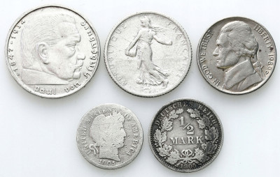 USA, Niemcy, Francja – Zestaw 5 monet SREBRO