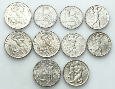 Czechy 5-100 koron zestaw 10 sztuk różne SREBRO