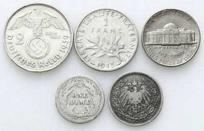 USA, Niemcy, Francja – Zestaw 5 monet SREBRO