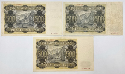 Banknoty 500 złotych 1940, seria A, 3 szt.