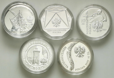 10 złotych 1999- 2007 zestaw 5 szt. różne SREBRO
