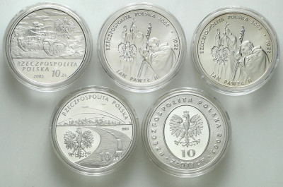 10 złotych 2002 - 2004 zestaw 5 szt. różne SREBRO