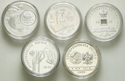 10 złotych 1999- 2008 zestaw 5 szt. różne SREBRO