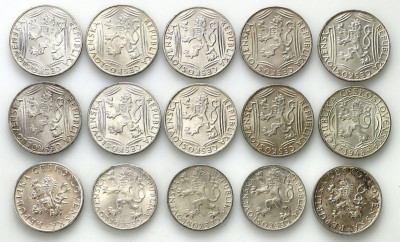 Czechy 10+50+100 koron zestaw 15 szt różne SREBRO