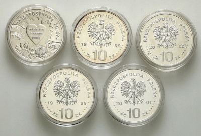 10 złotych 1999- 2005 zestaw 5 szt. różne SREBRO