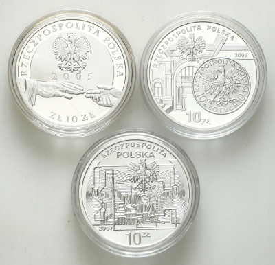 10 złotych 2005 - 2007 zestaw 3 szt. różne SREBRO