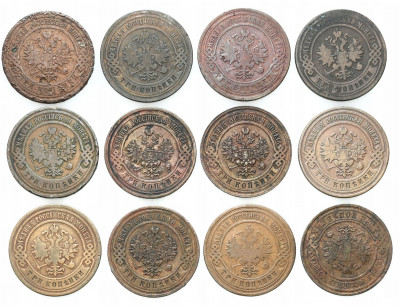 Rosja, 3 kopiejki 1895 – 1915 – zestaw 12 szt.