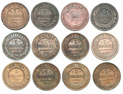 Rosja, 3 kopiejki 1895 – 1915 – zestaw 12 szt.