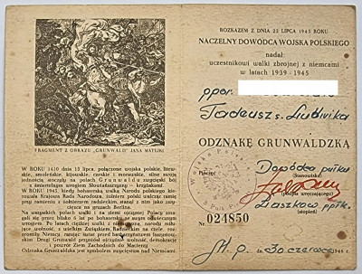 Legitymacja Odznaki Grunwaldzkiej Wczesne Nadanie