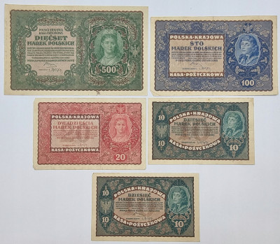 Banknoty 10, 20, 100, 500 marek polskich 1920
