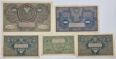 Banknoty 5, 10, 100, 500 marek polskich 1920