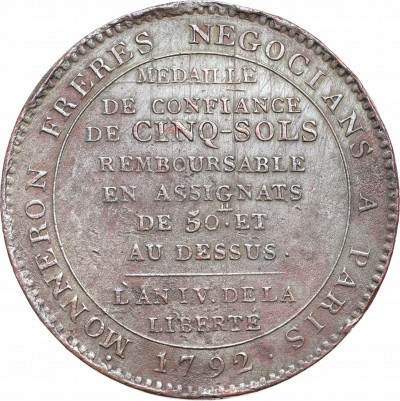 Francja. Medal o wartości 5 sols 1792