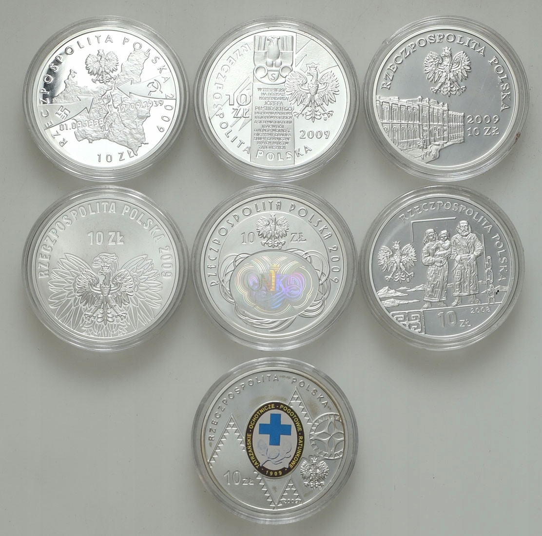 10 złotych RÓZNE TYPY 2008-2009 – zestaw 7 sztuk