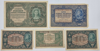Banknoty 5, 10, 100, 500 marek polskich 1920