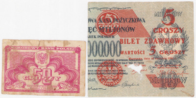 Banknot. 50 groszy 1944 + 5 groszy 1924 prawy