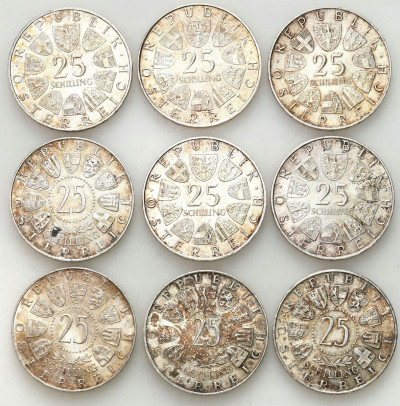 Austria, 25 szylingów 1956-1971 - 9 szt SREBRO
