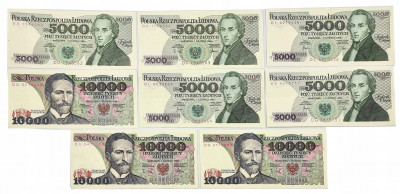 Zestaw 5000 + 10000 złotych 1988 – 8 banknotów