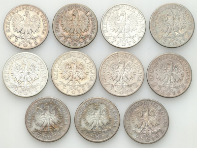2 złote 1932-1934 głowa kobiety - zestaw 11 monet