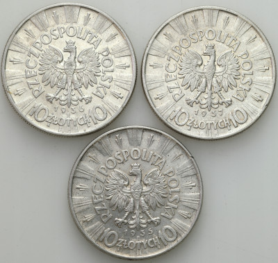 10 złotych 1935-1937 Piłsudski, zestaw 3 sztuk