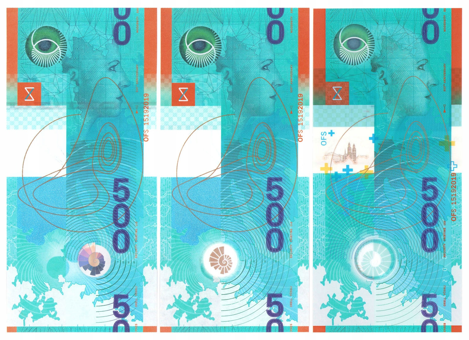KURZ KINEGRAM Orell Füssli 3 banknoty UNC